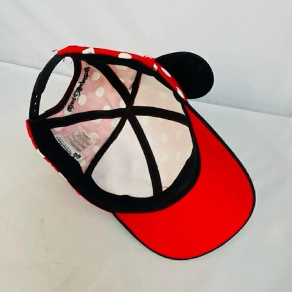 Disney Minnie Mouse Polka Dot Baseball Hat Cap Bow W/ Ears Red Black White Youth